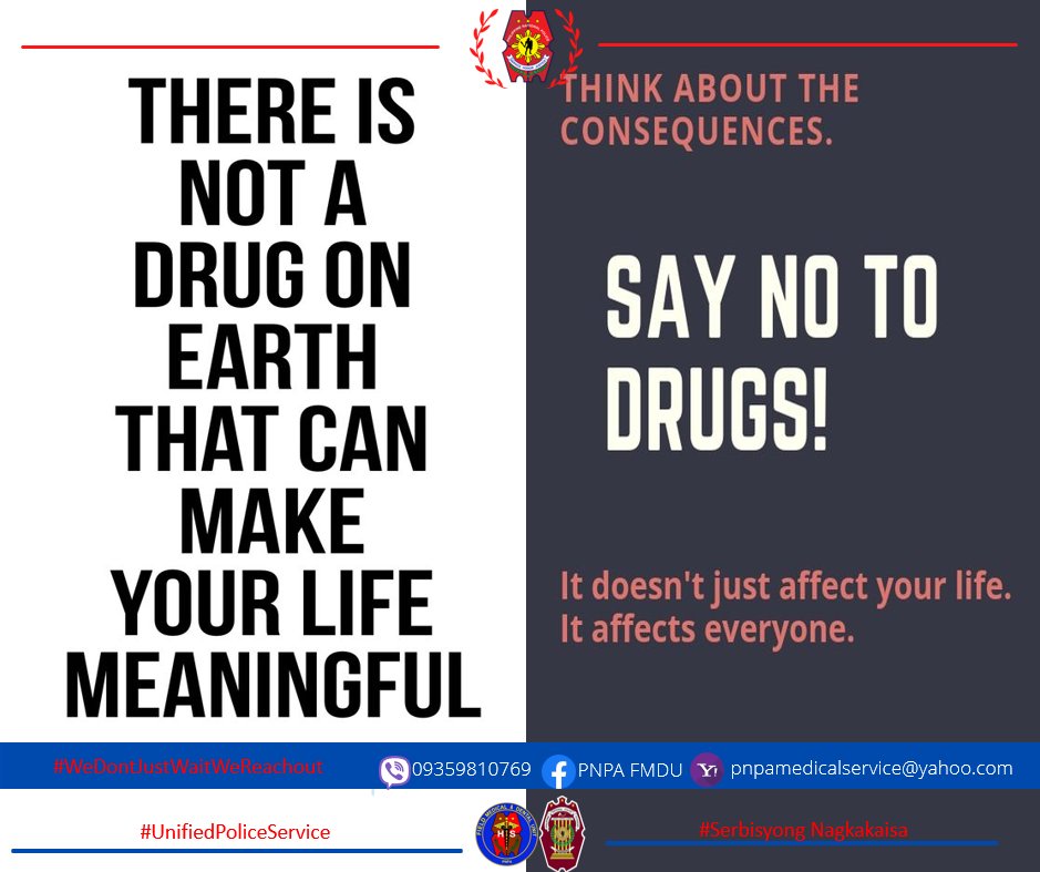 FmduPnpa's tweet photo. THERE IS NOT A DRUG ON EARTH THAT CAN MAKE YOUR LIFE MEANINGFUL
SAY NO TO DRUGS
#serbisyongnagkakaisasa
#UnifiedPoliceService
#WeDontJustWaitWeReachOut
#ToServeandProtect https://t.co/TVCXTTM9qB