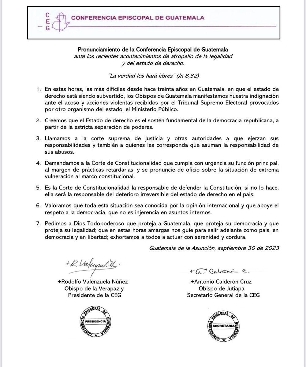 PEdgar05's tweet photo. Mensaje de los Obispos de Guatemala ante los últimos acontecimientos. Los Obispos de Guatemala le piden a la @CC_Guatemala que asuma de oficio su tarea de resguardar el orden constitucional. https://t.co/9aM5m6hngQ