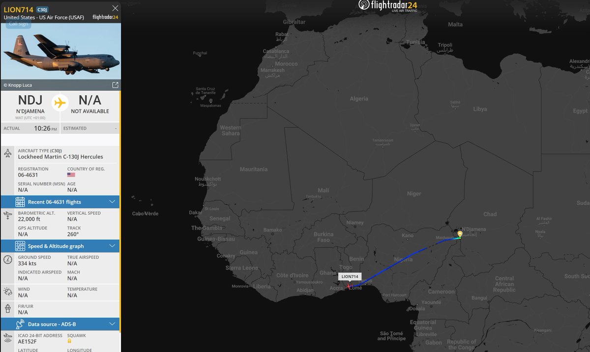 Dinlas3's tweet photo. #LION714 🇺🇸US Air Force (USAF) Lockeed C-130 Herc Reg. 06-4631 from 🇹🇩N'Djamena, Chad currently tracking over 🇹🇬Lome, Togo. #AE152F https://t.co/4JFvOrMTWw
