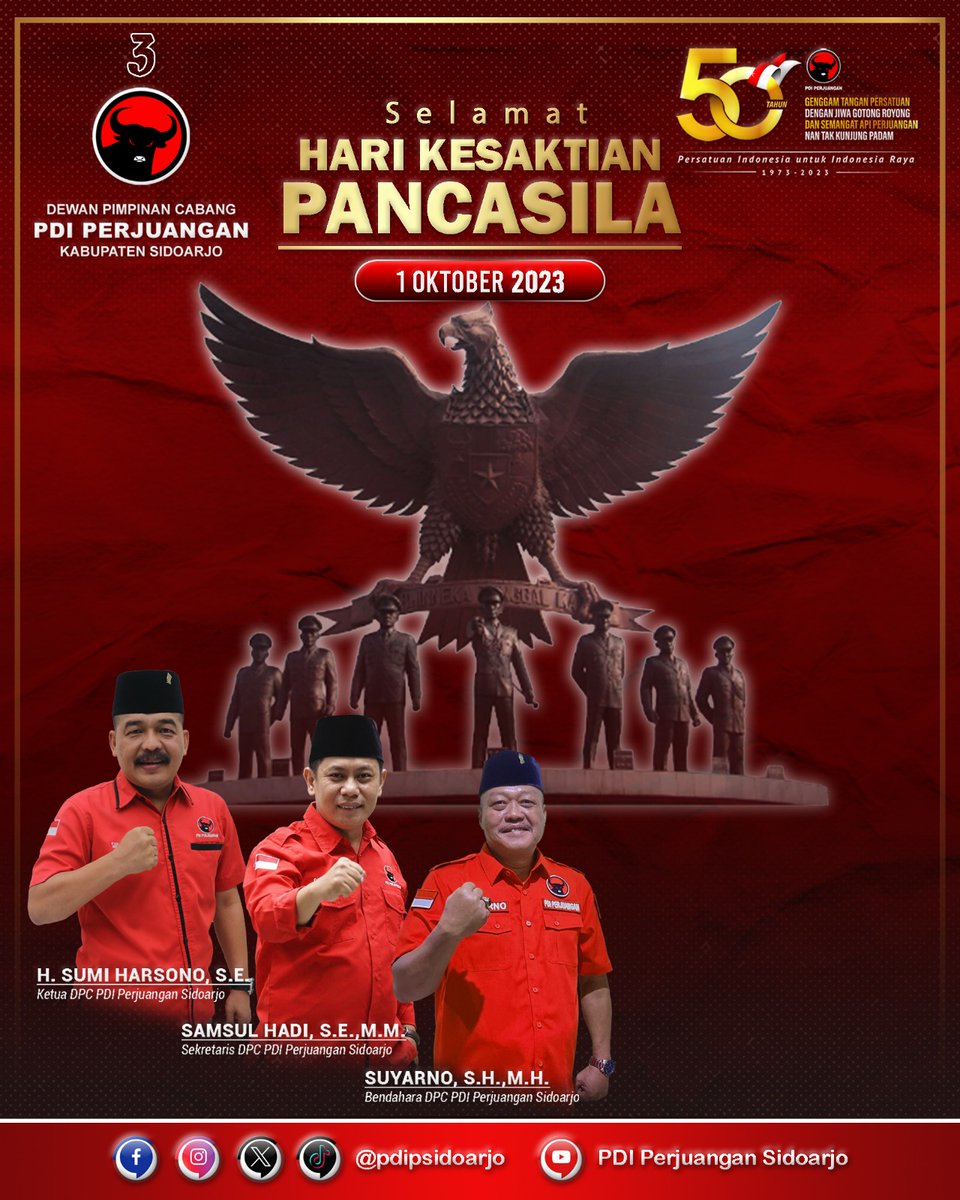 Bangsa yang besar adalah bangsa yang percaya pada kekuatan bangsanya sendiri, Pancasila adalah kekuatan bangsa kita. Selamat Hari Kesaktian Pancasila!

#HariKesaktianPancasila
#PDIPerjuangan
#pdiperjuanganjatim
#pdipsidoarjo
