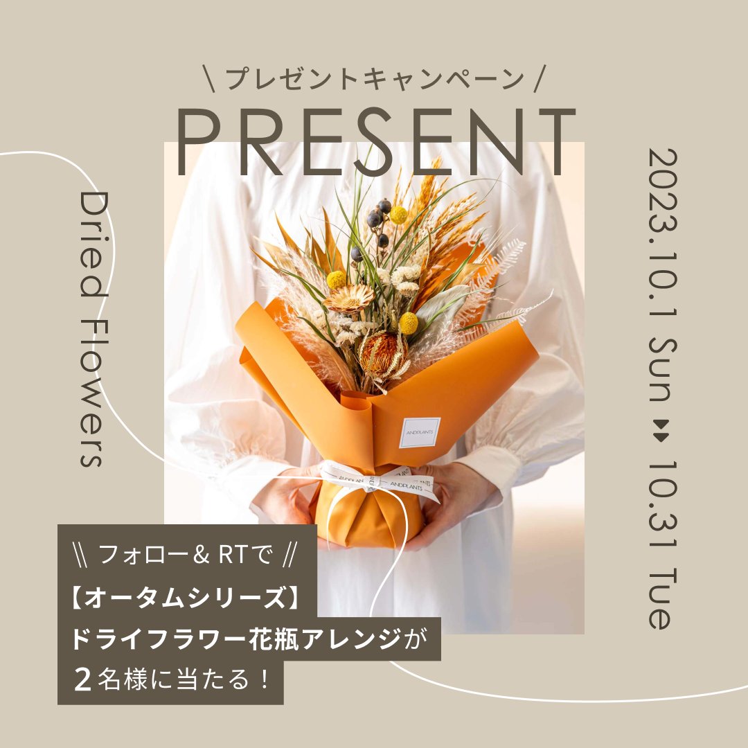 ／／  
フォロー＆RT で当たるプレゼントキャンペーン🎉  
＼＼  

抽選でAND PLANTSの
「【オータムシリーズ'23】秋の実りのドライフラワー花瓶アレンジ」を2名様にプレゼント
andplants.jp/products/dryfl…

【応募方法 】
①<a href="/andplants_jp/">観葉植物・お花の通販 AND PLANTS (アンドプランツ)</a>をフォロー   
②この投稿をRT

〆切　10月31日（火）まで