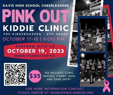 Calling all tiny Falcons! 📣
Would you like to cheer with the Davis High School Cheerleaders? All participants will perform with the DHS cheerleaders for the Varsity *PINK OUT* Football Game on Thursday, October 19 at George Stadium @ 7pm! 🎀🏈

Link in bio to register!