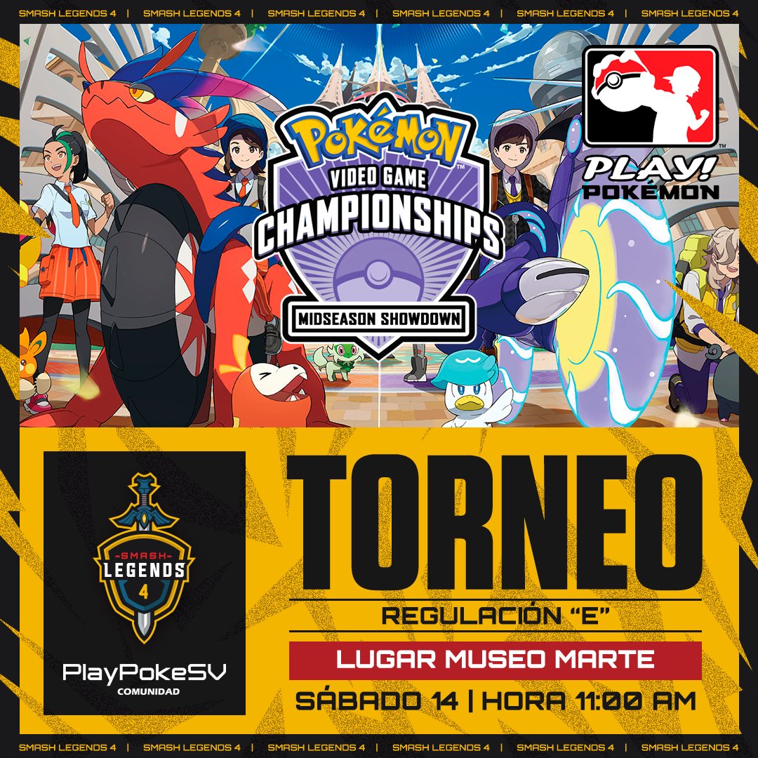 PlayPokeSV's tweet photo. ¡El comienzo de algo grandioso se acerca! 🌟 Anunciamos con entusiasmo nuestros primeros torneos de Pokémon VGC. ¿Estás listo para destacar desde el principio? 🏆 
¡Los esperamos en SMASH LEGENDS 4!
Más información: https://t.co/TAGRjxjuzW https://t.co/Pa7VykBEJj