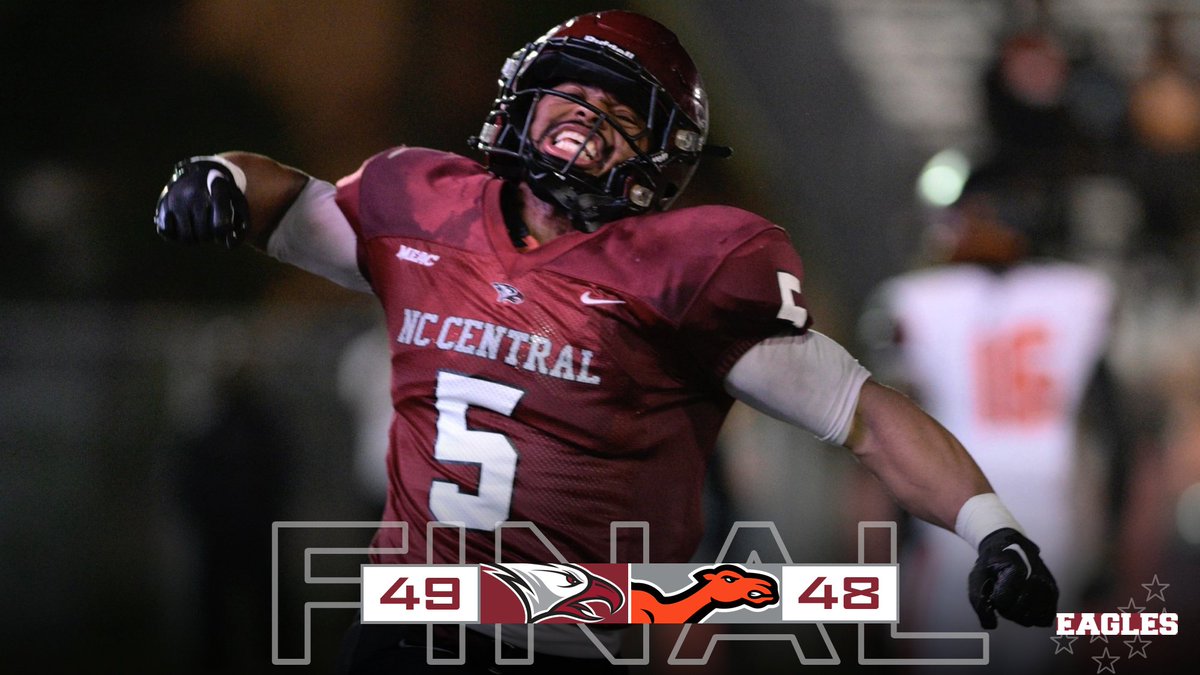EAGLES WIN!!!!! No. 13 @NCCU_Football outlasts Campbell 49-48 in overtime! Latrell Collier (pictured) celebrates after scoring a touchdown in OT. (photo by Doug Burt) Final Stats: nccueaglepride.com/sports/footbal… @MEACSports @NCAA_FCS