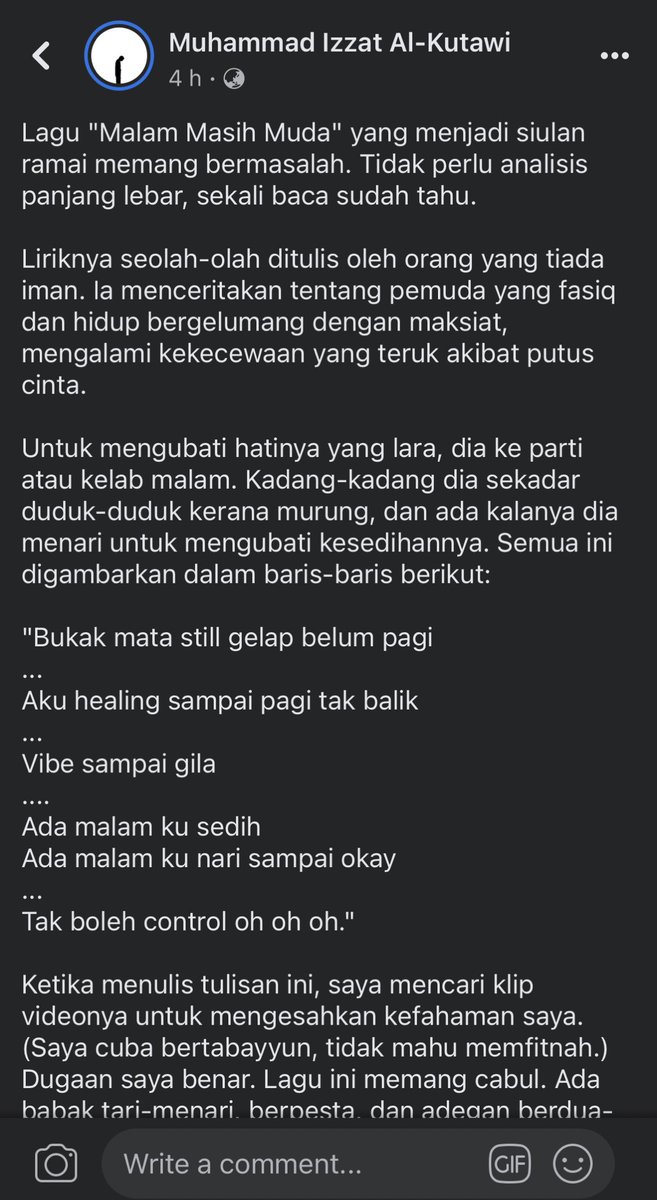 anina_faris's tweet photo. Perihal lagu "malam masih muda".

Lagu yang merosakkan akhlak ditulis dan dinyanyikan oleh orang Islam. Yang minat dengan lagu ni pula ramai dari kalangan budak-budak.

Allahul musta'an. https://t.co/PXGm85AWGH