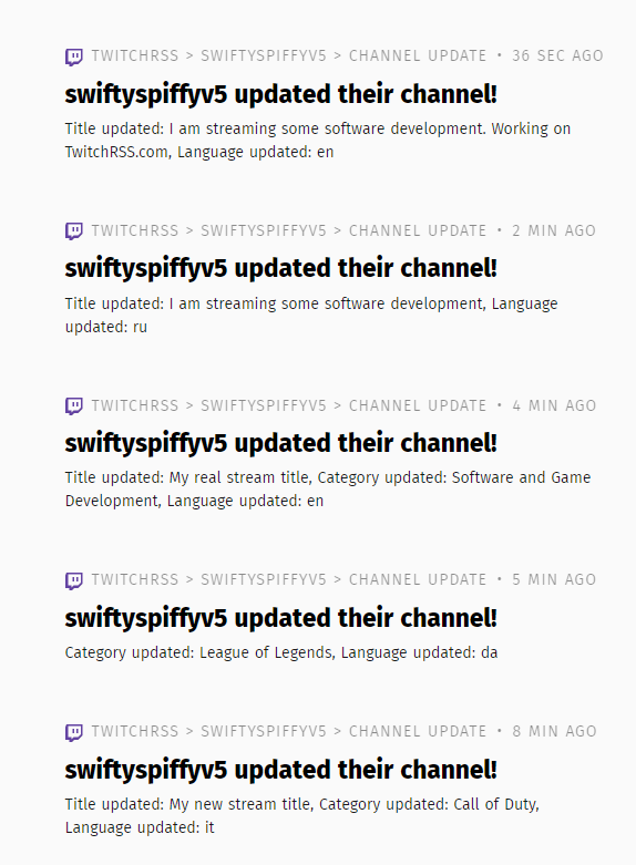 Made a tool for creating RSS feeds for when Twitch streamers go live/offline, as well as when they update their channels (game, title, etc) for a friend but others can use it too.

twitchrss.com

(i realize rss in 2023 is goofy, but still)