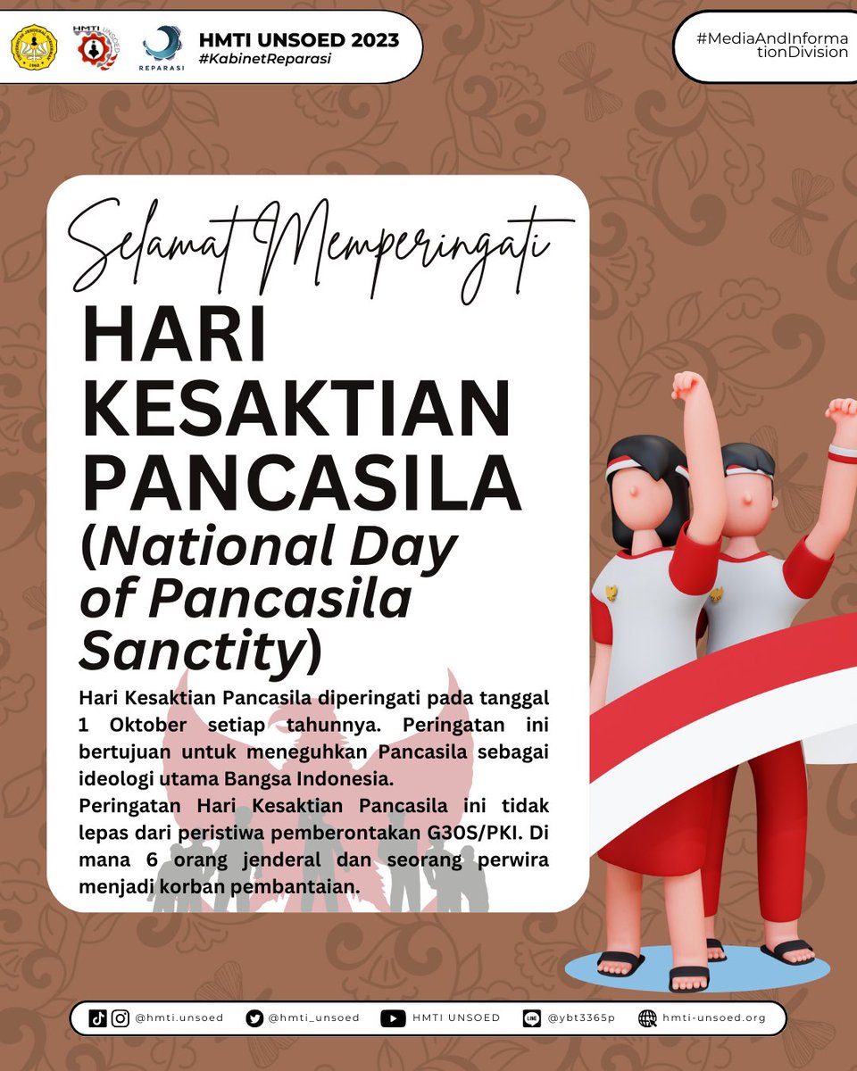 HMTI_Unsoed's tweet image. [HARI KESAKTIAN PANCASILA]

&quot;Bersama-sama kita perkuat dan lestarikan nilai-nilai luhur Pancasila, landasan kesaktian bangsa Indonesia. 💪🇮🇩 

—————
HMTI UNSOED 2023
—————
#KabinetReparasi
#SalamUnity
#JayaJayaKorsa
#HMTIUnsoed2023
