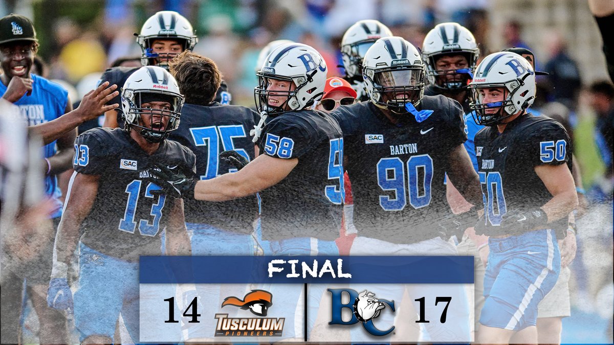 ROAD WARRIORS! . Barton football improves to 4⃣-1⃣ on the year with a 17-14 win over Tusculum Saturday in Greeneville, Tenn.! . #BartonBold . #BCBulldogs . @barton_fb . 🏈🏈🏈🏈🏈