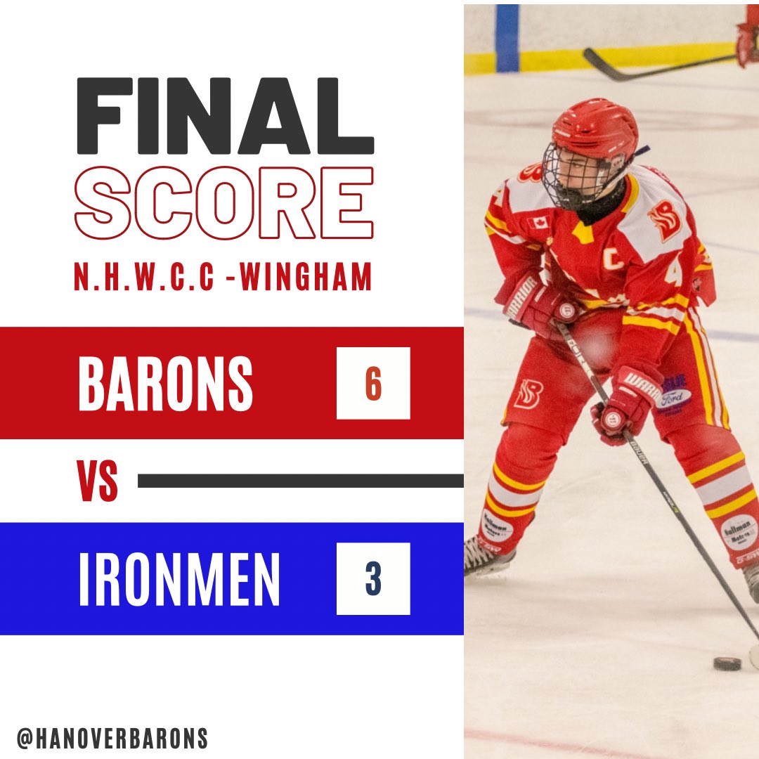 HanoverBarons's tweet photo. 🔥 BARONS WIN 🔥
6-3 over Wingham.
Final SOG: 34-28 for the B’s!
Cally with 2G, 1A
@HartleyLander with 24 SVS!
#BsAreHot🔥 #BsRBuzzin🐝 https://t.co/d7kBOJHjDr