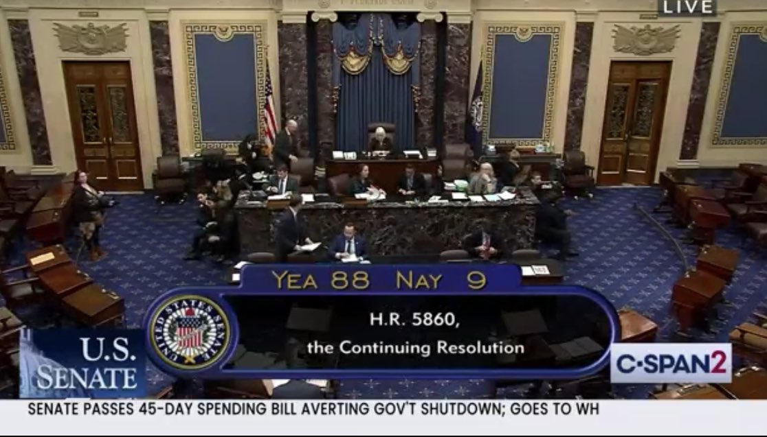 CraigCaplan's tweet image. Saturday 9:02pm: Senate passes bill 88-9 to avert a gov’t shutdown at midnight. Extends funding at current levels until 11/17 w/disaster aid &amp;amp; FAA &amp;amp; Nat'l Flood Insurance Program extensions. Rs Braun, Cruz, Hagerty, Lee, Marshall, Paul, Schmitt &amp;amp; Vance voted No. Bill heads to WH.
