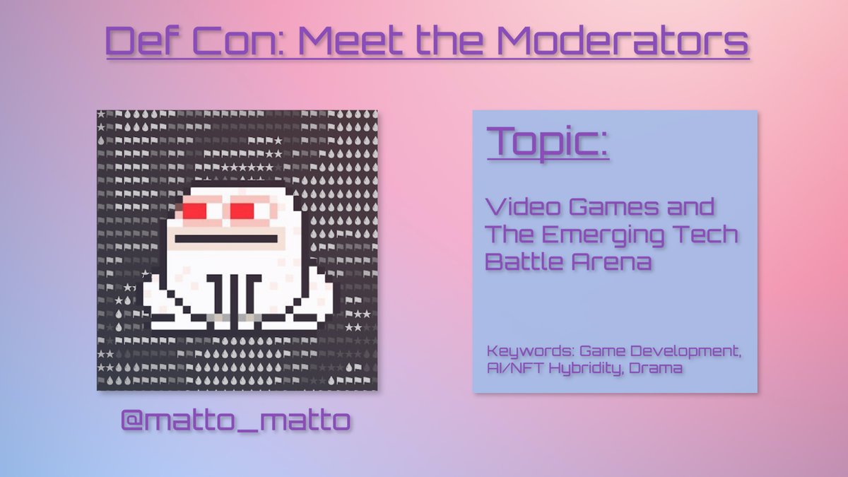 Def Con Moderator and <a href="/night_runnn/">night_run</a> developer <a href="/matto__matto/">matto</a> will lead a discussion on the busy intersection of AI, NFTs and game dev: the pain points, the opportunities, and the next steps forward.

Join us this Saturday at Betaworks for Def Con: lu.ma/g172dvuu