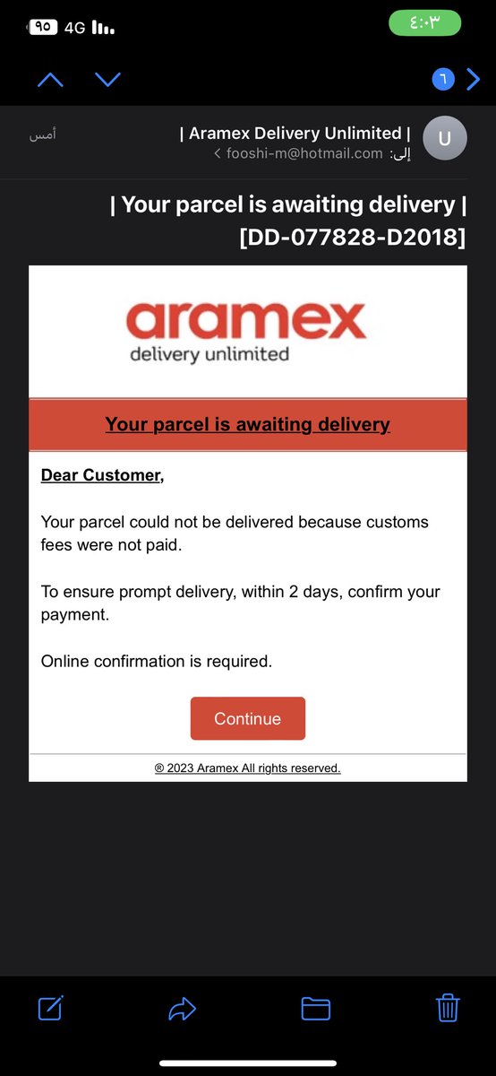 fooshi_m's tweet photo. @Aramex_KSA ما اذكر طلبت شي من النت وجاني ايميل لازم ادفع فلوس الجمارك https://t.co/dg61nTlAbm