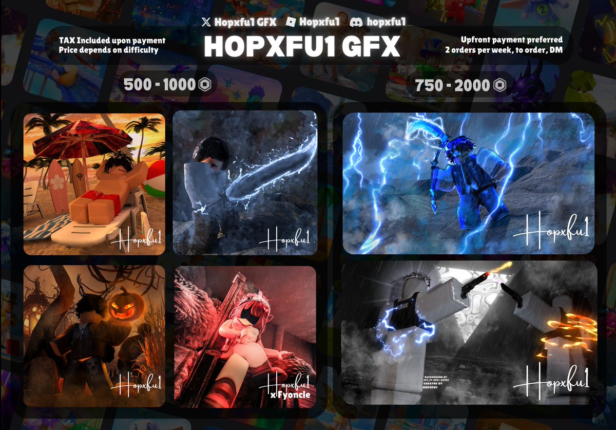 hopxfu1's tweet photo. New comm sheet!!! I gotta change it less. Please leave price opinions below! I made the gfxs larger, ando removed 2 thumbnails.  #robloxgfx #gfxcommisions #gfx #giveawayalert #Giveaway #RobloxDev #RobloxUGC #ROBLOX #GFX https://t.co/fZ9NhQIRhk
