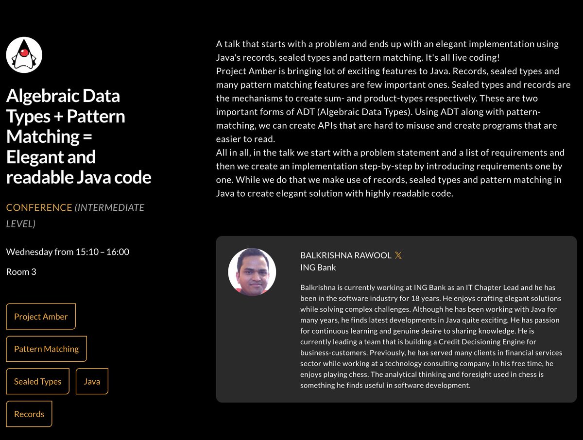 BalaRawool's tweet image. If you're going to be @Devoxx next week, then join in for some fun with records, sealed-types and pattern-matching! #devoxx #INGBelgium #ingnl
devoxx.be/talk/?id=35706