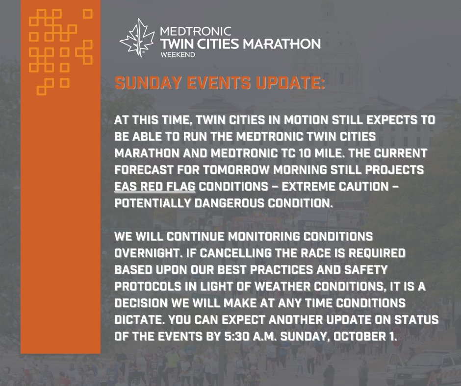 tcmarathon's tweet photo. To read our full messaging about how we are responding to this weekend's weather forecast please visit the "Race-Day Weather Alert" on our website: https://t.co/P5BLvrLRcv https://t.co/RwrdHn7Ujs