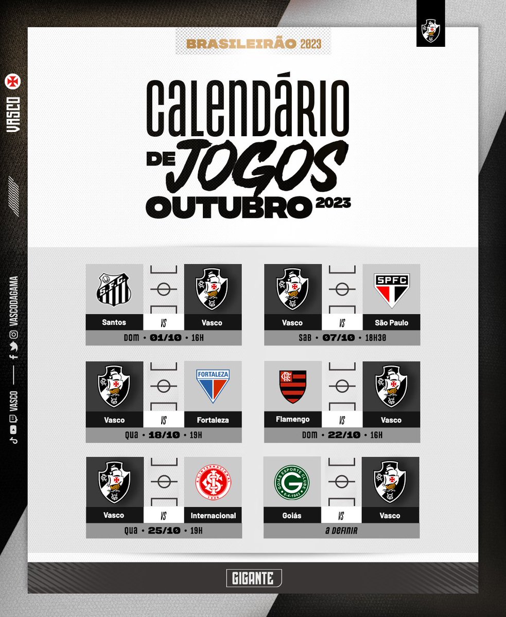 VascodaGama's tweet photo. 🗓 Confira o nosso calendário de jogos do mês de outubro! 💢⚽

#VascoDaGama https://t.co/HS5QFI3rE6