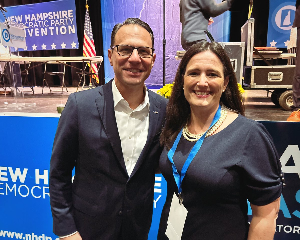 CathRombeauNH's tweet photo. A highlight of my day co-chairing the @NHDems state convention today: getting to chat with keynote speaker Pennsylvania Gov. @JoshShapiroPA after his powerful call to stand up for our values, include everybody, and get to work. #wecandobigthings #whenweworktogether #NHPolitics https://t.co/yQTBCjQZh2