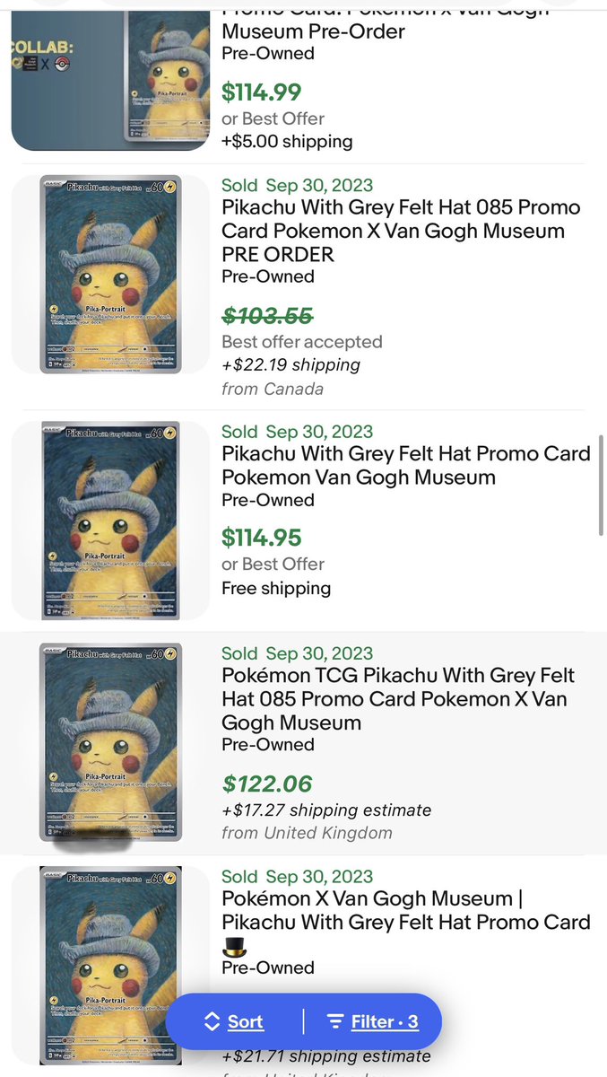 imaveragejoey's tweet image. Some of todays sales of Pokemon X Van Gogh Pikachu card.  Pretty nice return!