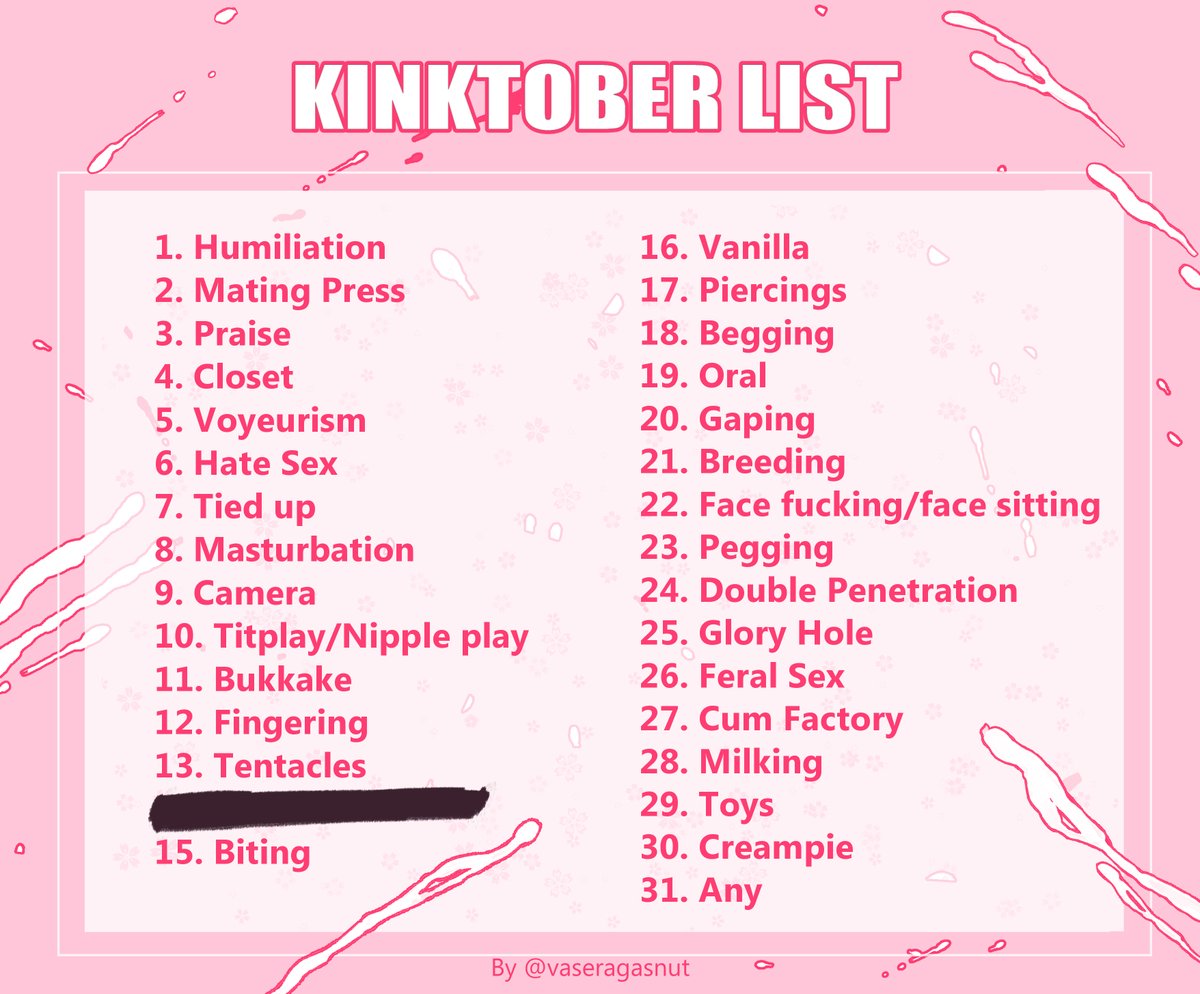 I will be uploading the full versions in my patreon only! patreon.com/vasnut Here's the full kinktober list! (might be subjected to changes)