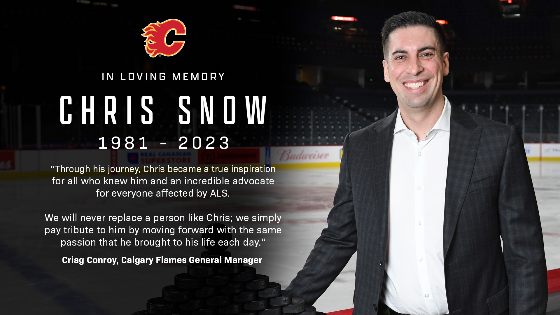 Calgary Flames on X: "We, along with the entire hockey community, are  mourning the passing of Chris Snow. Even while battling ALS, Chris  dedicated his life to helping others and he changed