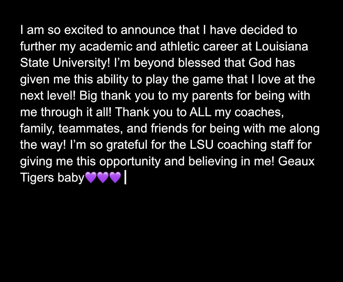 ApplingGradie's tweet image. GEAUX TIGERS 💛💜
#COMMITED @LSUsoftball @BethTorina @HWDobson @CoachNealPT @LSU_SandraMoton