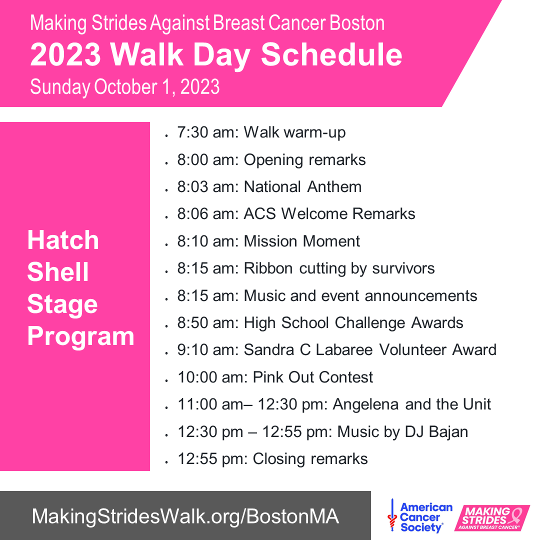It’s Making Strides Against Breast Cancer walk day in Boston! Here’s a rundown of what will be happening on the Hatch Shell stage. Rolling start for the walk is from 8– 10 am. Enjoy the day and thank you for supporting the fight to end #breastcancer! makingstrideswalk.org/bostonma