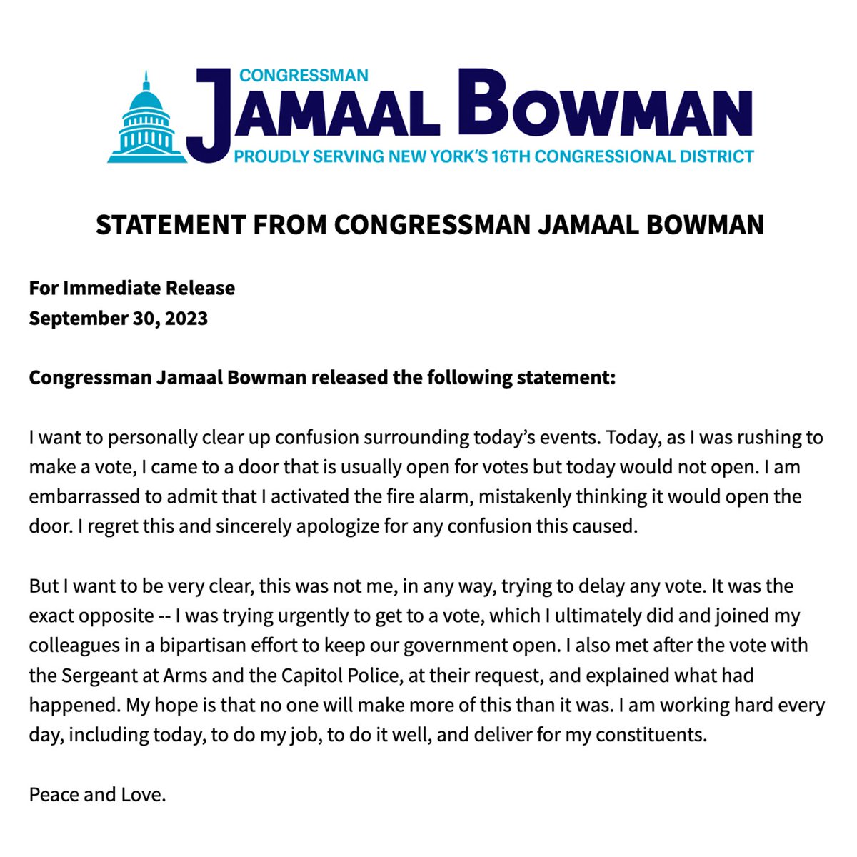 Statement from Congressman Jamaal Bowman.