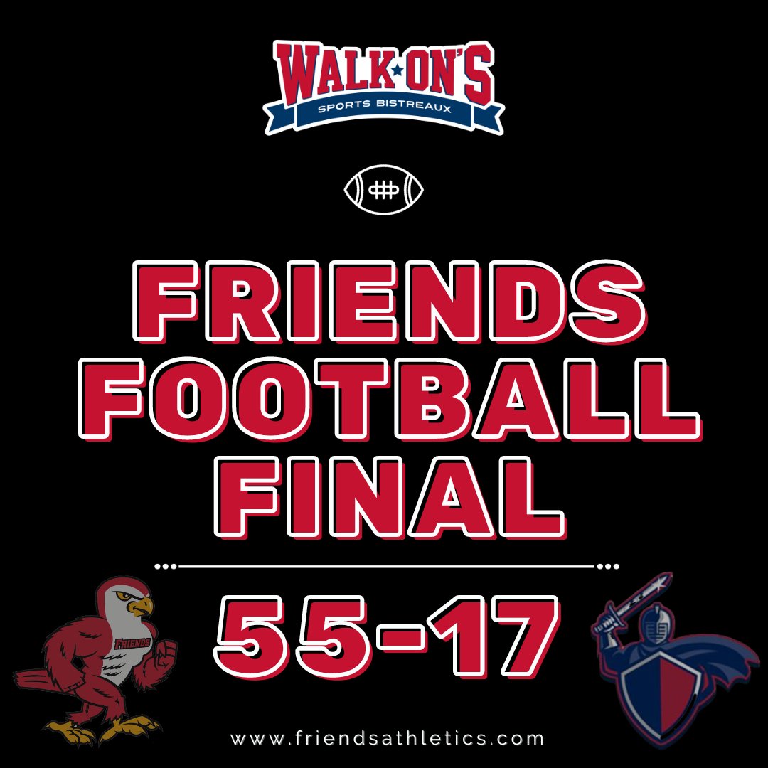 FriendsFalcons's tweet photo. FOOTBALL FINAL - Friends is triumphant over Sterling tonight, 55-17!
TD’s: Baker(3), Pino(2), Rigsby, Gordon, and Cheatham
Rushing: Baker 138yds, Cheatham 132yds
Tackles: Ewing 7(Solo) 6 (Assists)
Way to go Falcons!
#kcacscores #btf #withGod #friendsfalcons https://t.co/9B3ZS4423H