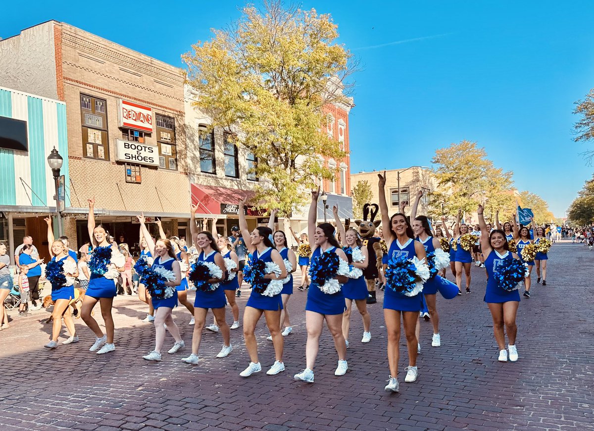CoachMarcBauer's tweet photo. @UNKCheer Leading the Herd! #OnTheBricks Homecoming Parade 2023. #LopesUp @UNK_Athletics https://t.co/2dGkHz6h7y