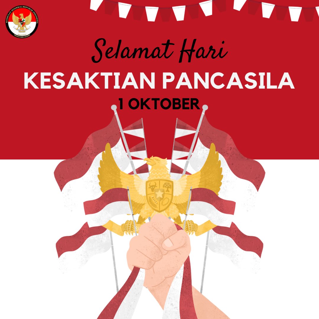 INAinShanghai's tweet photo. KJRI Shanghai mengucapkan Selamat memperingati Hari Kesaktian Pancasila, 1 Oktober 2023. Jadikan Pancasila sebagai pemersatu bangsa untuk Indonesia yang maju. #IniDiplomasi #kesaktianpancasila https://t.co/RF0XgeXvQC
