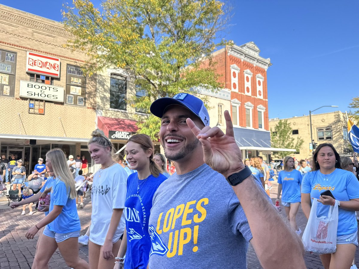 CoachMarcBauer's tweet photo. @CoachRobBreton Leading the Herd! #OnTheBricks Homecoming Parade 2023. #LopesUp @UNK_Athletics https://t.co/FSz5rhZjOg