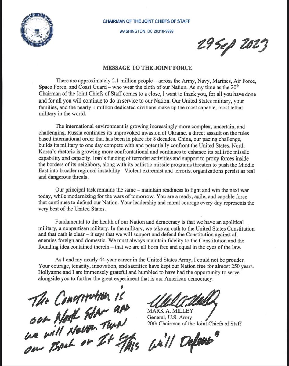 JenGriffinFNC's tweet photo. Gen Milley’s message to the Force before passing baton to Gen CQ Brown at midnight. https://t.co/LotHxRuVco