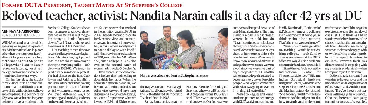 D_U_Teachers's tweet photo. Nandita Narain inspired a generation of students and has been a very active figure in DU. 

Indian Express, 01/10/2023 https://t.co/H50U5GJO1U