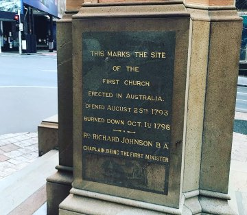 AustAnglican's tweet photo. And, as previously promised to @matthewmoffitt, today we sadly recall the 225th anniversary (1 October 1798) of the destruction by arson of Australia's first church. Now the site of Richard Johnson Square in Sydney. #anglican #225years https://t.co/KYLxmizK5s