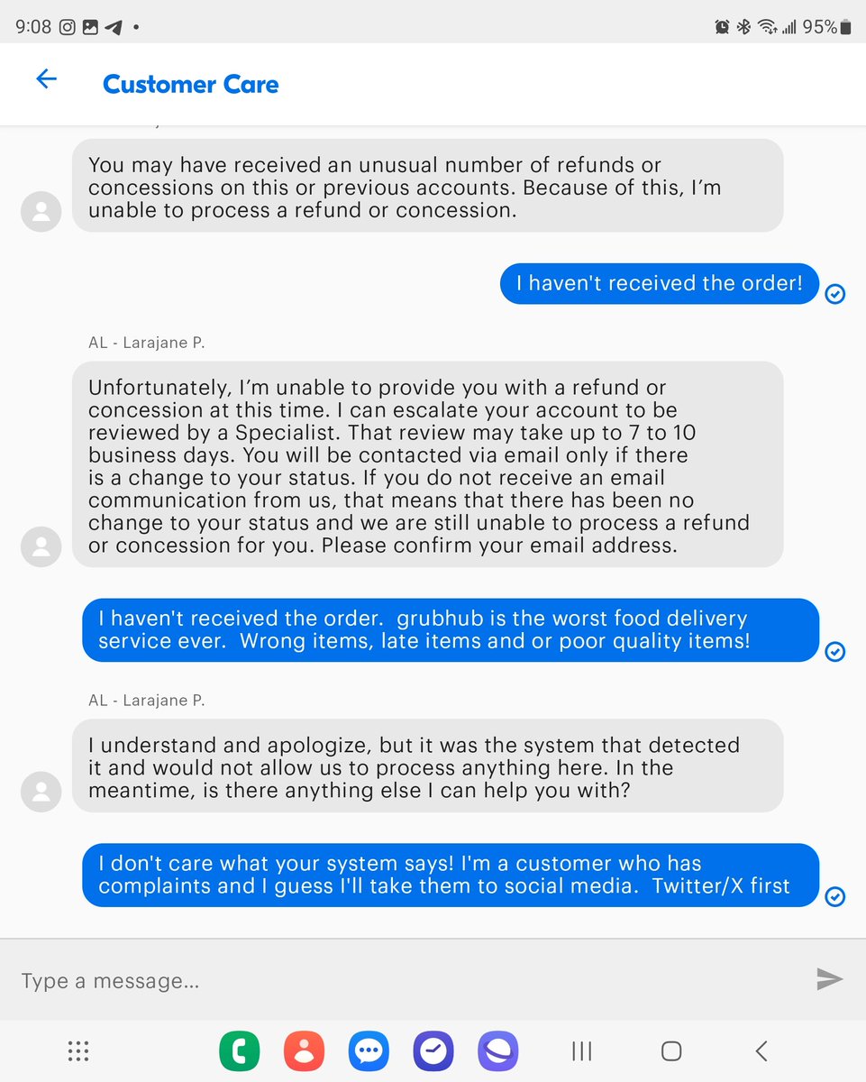fedx000's tweet photo. @Grubhub terrible service along with terrible customer service https://t.co/jSnrdjYpOf