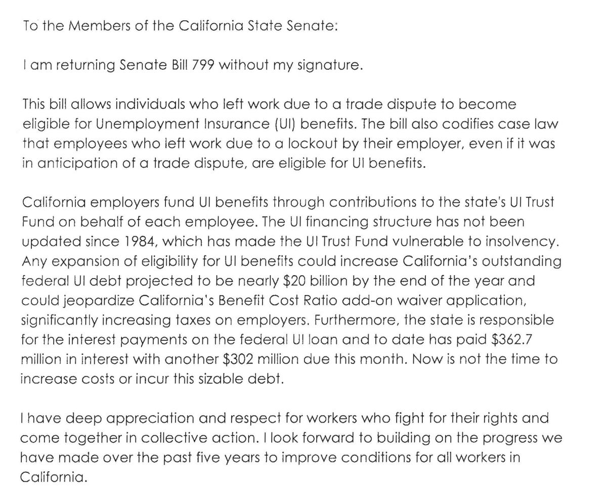 NEWS —  <a href="/GavinNewsom/">Gavin Newsom</a> VETOES unemployment insurance for striking workers, #SB799, marking yet another blow to organized labor.

Comes less than a week after screenwriters and studios reached a deal to end a five-month strike — which was part of the momentum behind the bill. #caleg