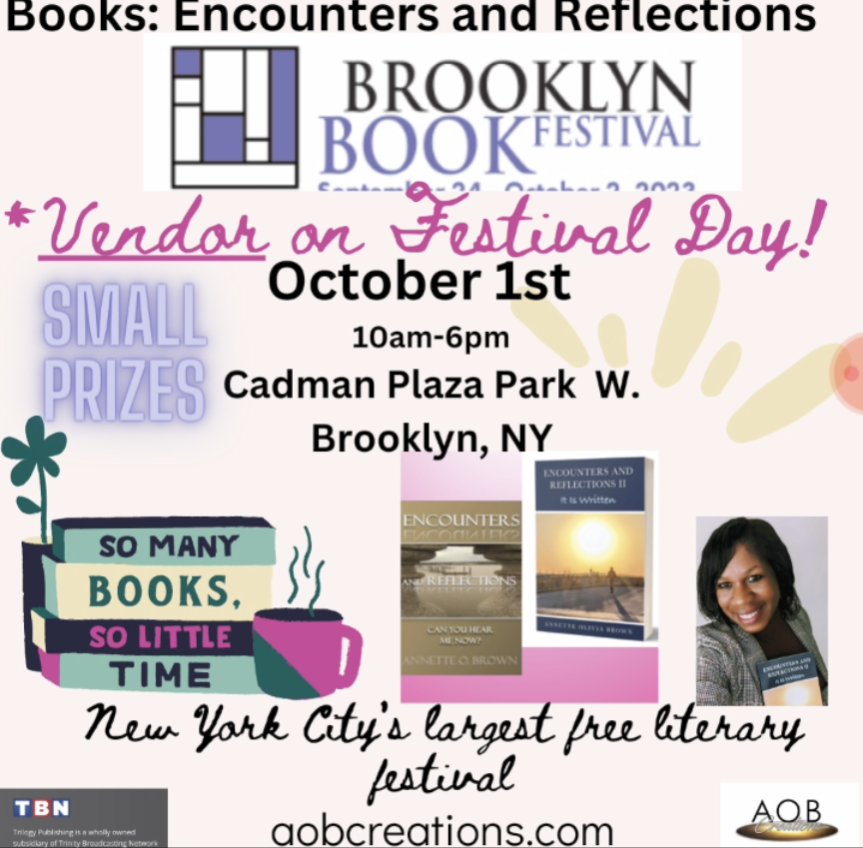 Grateful.  Exciting opportunity to be a vendor at the Brooklyn Book Festival.  We hope to see you there.  God bless!
aobcreations.com/events
brooklynbookfestival.org
#God #Godisspeaking  #reflect #journalprompts #scripture    #paperbacks #meditate #bible #photography #booksigning