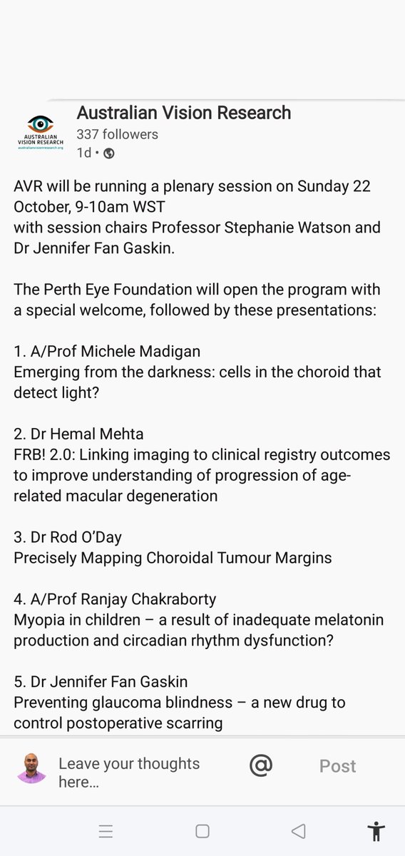 Extremely delighted. I will be presenting at the RANZCO meeting in Perth in a plenary session organized by the Australian Vision Research about my research on circadian dysregulation in myopia or short-sighted in children. <a href="/RANZCOeyedoctor/">RANZCO</a> <a href="/AustVisRes/">@australianvisionresearch</a>