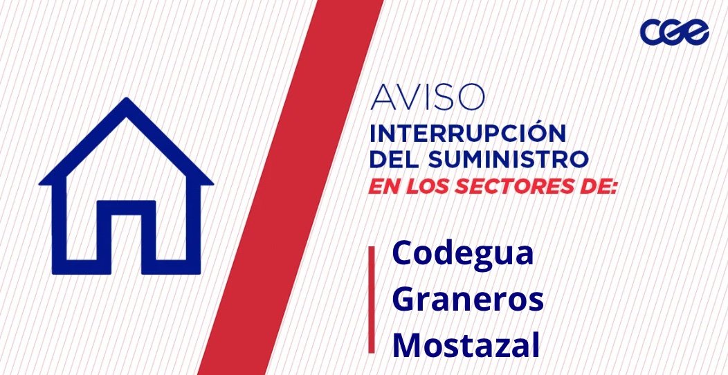 CGE_Clientes's tweet photo. Informamos a nuestros clientes de los sectores Pasaje Emaús y aledaños, comunas de #Codegua, #Graneros y #Mostazal, la interrupción del suministro eléctrico. Nuestro personal de emergencia ya está informado https://t.co/V4JOOVnd9s
