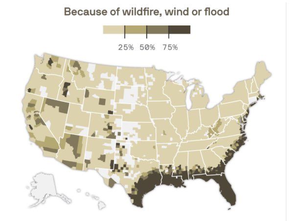 NewsLambert's tweet photo. Share of homes at risk of a home insurance rate increase or non-renewal in 2023 because of wildfire, wind, or flood 🏡👇

Data via @FirstStreetFdn 

Map via @axios @KavyaBeheraj https://t.co/Kd5jkrwYA8