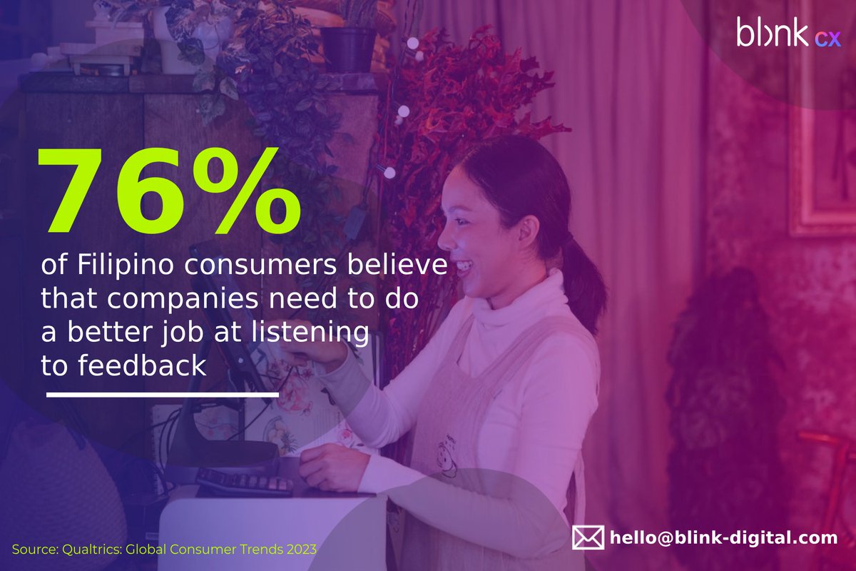 Hi. Vee here! Let's start the week and the month with a stat from @Qualtrics that shows 76% of Pinoy consumers believe companies need to listen better to feedback. How do you show your customers that you listen to the feedback they provide? #CustomerExperience #CX