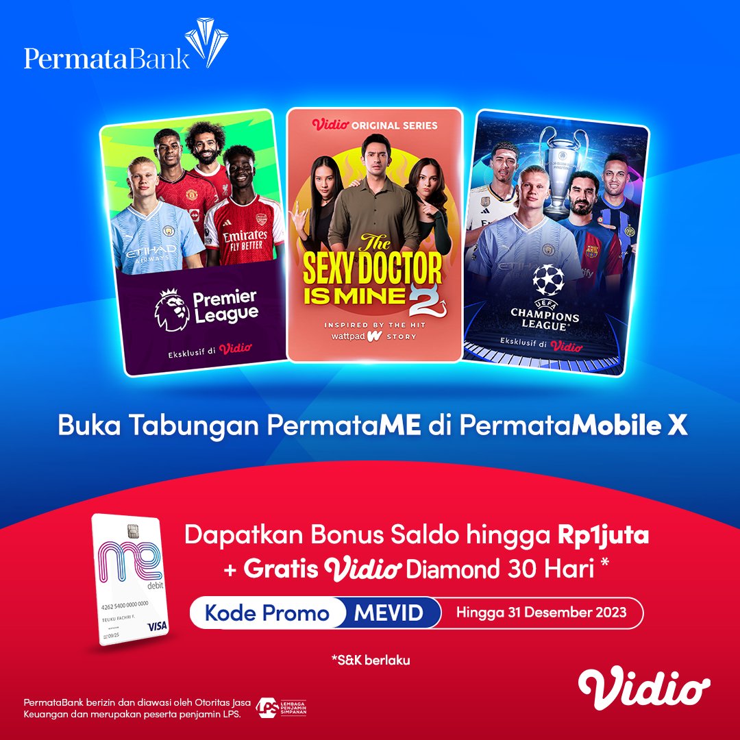 vidio's tweet photo. Dapatkan promo nonton GRATIS selama 1 bulan di Vidio Diamond dengan membuka tabungan PermataME!
Yuk cek selengkapnya disiniπ https://t.co/YdZocMR2t4
#SemuaAdaDiVidio #PermataME https://t.co/ERhSl7R5iE