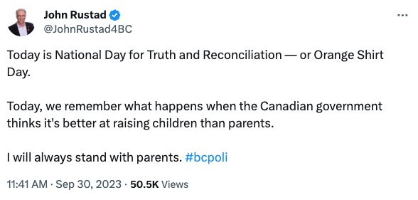 today of all days, it's unfathomably grotesque to draw a false comparison between the legacy of residential schools and this hateful campaign to strip trans youth of their rights, in order to pander to a bunch of conspiracy theorists and bigots.