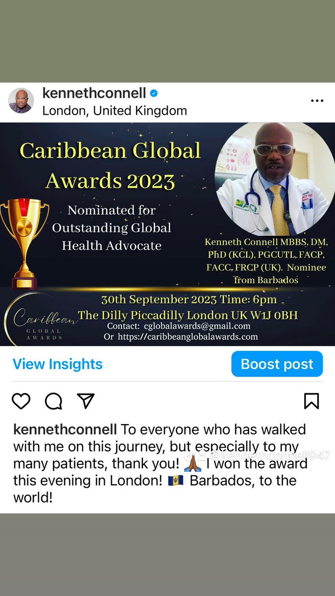 Honored to receive the Global Health Advocate award at Caribbean Global Awards 2023. Grateful to God, my family, colleagues, and patients for their support and trust. Thank you for the opportunity to make a difference in global health. 🙏🏾 #GlobalHealth #HealthAdvocate #Grateful