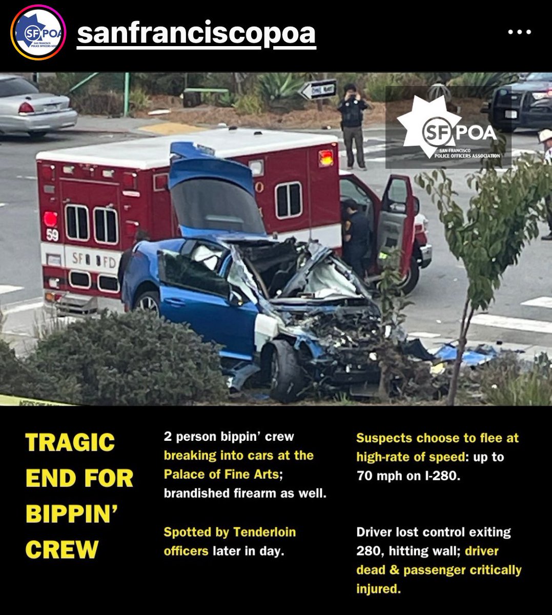 Can we file this under oops? 

“Tragic end for car bippin' crew. One dead, one critically injured.
Two-person car burglary team spent the day breaking into cars at the Palace of Fine Arts. <a href="/SFPDTenderloin/">SFPD Tenderloin</a> officers spotted the suspect vehicle later &amp; suspects chose to flee at high