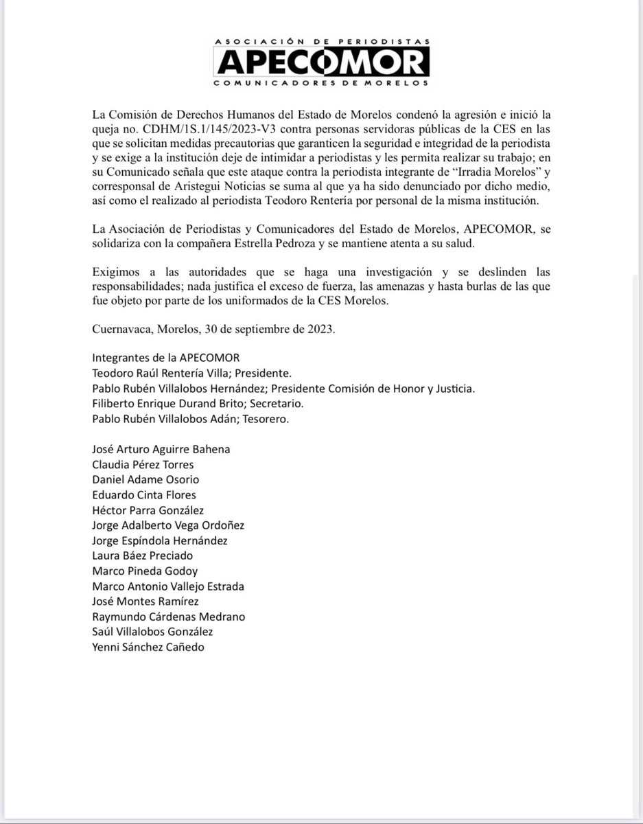 APECOMOR (@apecomor1) on Twitter photo COMUNICADO
La APECOMOR exige justicia ante la agresión de la que fue víctima la periodista Estrella Pedroza.
<a href="/ETUA29/">Estrella Pedroza⭐</a> <a href="/cdhmorelos/">CDHMORELOS</a> <a href="/CNDH/">CNDH en México</a> <a href="/AristeguiOnline/">Aristegui Noticias</a> <a href="/IrradiaMorelos/">IRRADIA NOTICIAS MORELOS</a> <a href="/Fiscalia_Mor/">FISCALIA MORELOS</a> <a href="/FECC_MORELOS/">Fiscalía Anticorrupción Morelos</a> @CES_Morelos COMUNICADO
La APECOMOR exige justicia ante la agresión de la que fue víctima la periodista Estrella Pedroza.
<a href="/ETUA29/">Estrella Pedroza⭐</a> <a href="/cdhmorelos/">CDHMORELOS</a> <a href="/CNDH/">CNDH en México</a> <a href="/AristeguiOnline/">Aristegui Noticias</a> <a href="/IrradiaMorelos/">IRRADIA NOTICIAS MORELOS</a> <a href="/Fiscalia_Mor/">FISCALIA MORELOS</a> <a href="/FECC_MORELOS/">Fiscalía Anticorrupción Morelos</a> @CES_Morelos