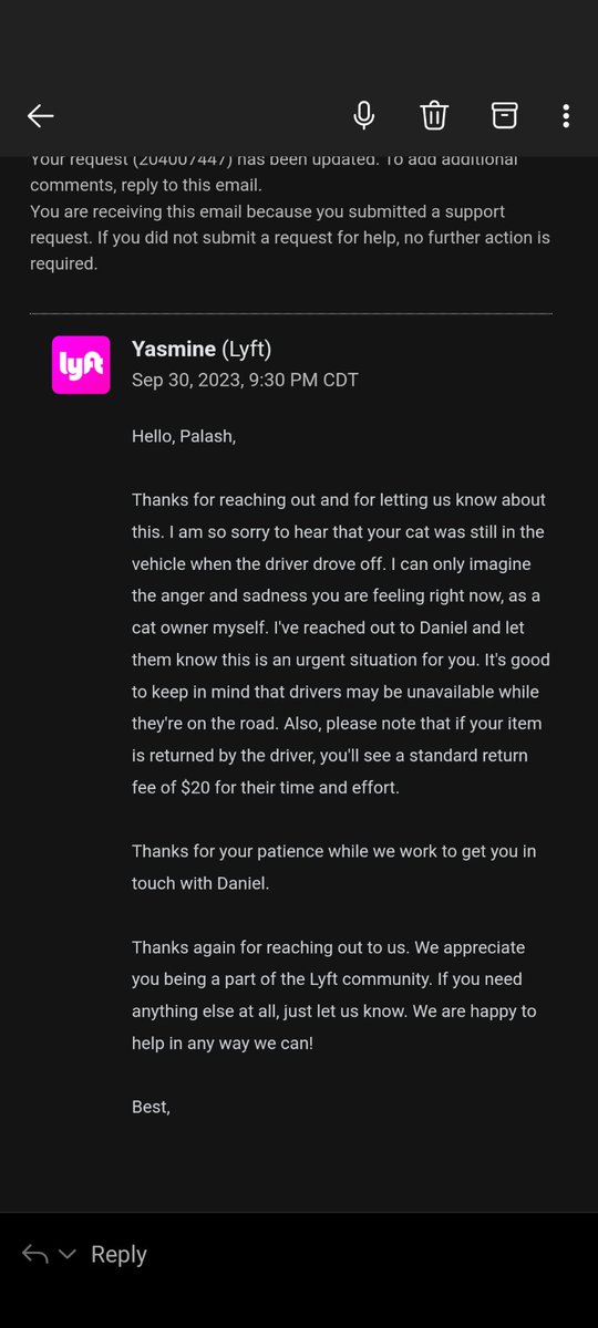 @AskLyft Thank you showing such amazing empathy and grace. The first thing that I'm concerned about right now is the $20 return fee on return of my 'item'. I'm never using for godforsaken app again and advise everyone to do the same.