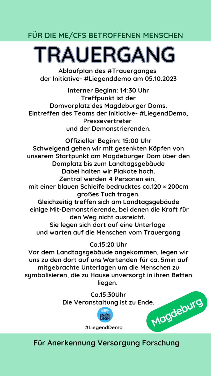 Achtung #Magdeburg: die Uhrzeit für die #Liegenddemo und #Trauergang wurde geändert!

@LiegendDemo
#meawareness #liegengelassen #MillionsMissing #nichtgenesen #MECFS #longcovid #CovidIsntOver