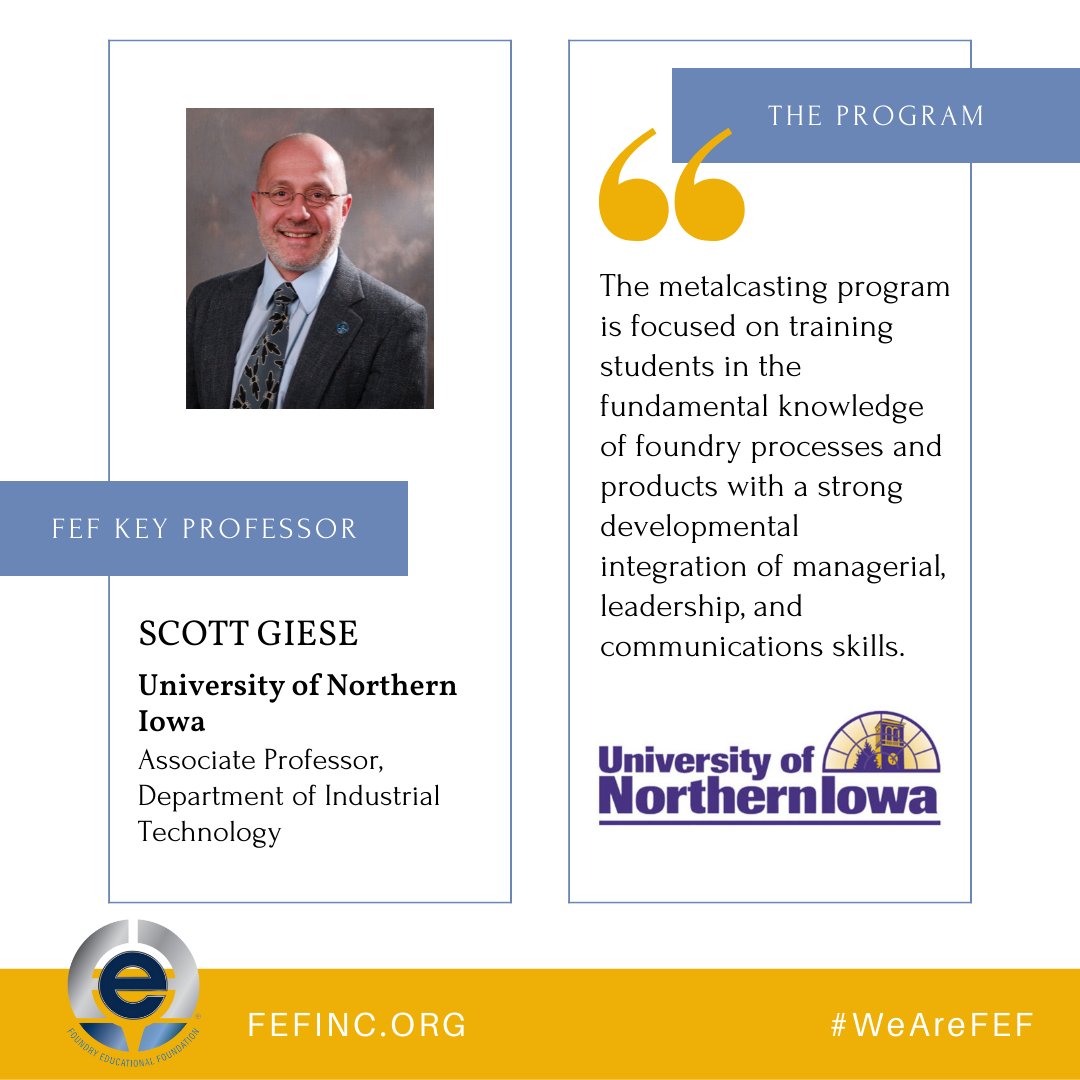 FEF_INC's tweet photo. University of Northern Iowa (@northerniowa) offers a robust and comprehensive metalcasting program for students. FEF Key Professor Scott Giese shares...
#WeAreFEF #FutureofFoundry #FEF #Education #Support #Community https://t.co/YWOydhIWQc