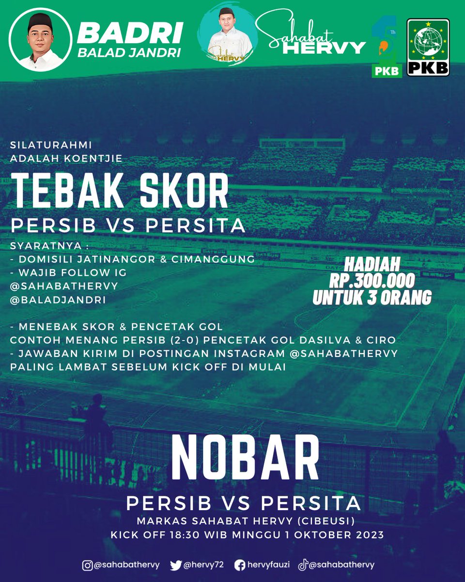 Hervy72's tweet photo. Kuy Nobar &amp; Tebak Skor Persib vs Persita Malam ini 👌🏻
Syaratnya : 
- Domisili Jatinangor &amp; Cimanggung
-Follow IG
@sahabathervy 
@baladjandri 
- Menebak Skor &amp; Pencetak Gol
Contoh Menang Persib (2-0) Pencetak Gol Dasilva &amp; Ciro
- Jawaban Kirim Di Komen Postingan Instagram https://t.co/q8RdL33Avy